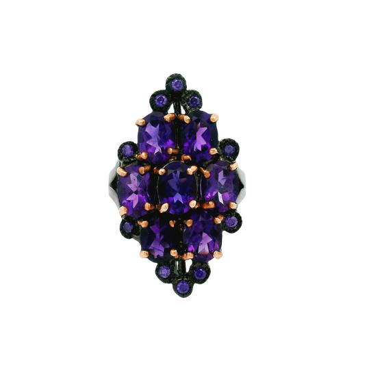 Oxidized Silver Multi-Stone Amethyst Floral Cocktail Ring