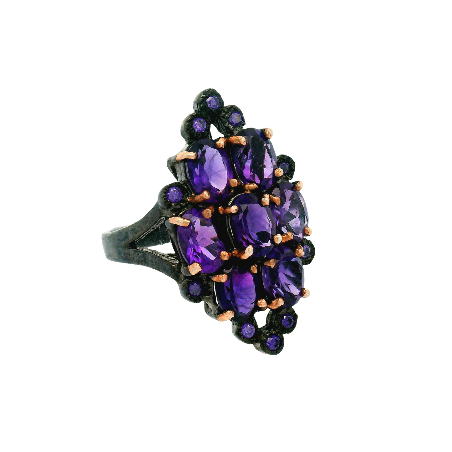 Oxidized Silver Multi-Stone Amethyst Floral Cocktail Ring