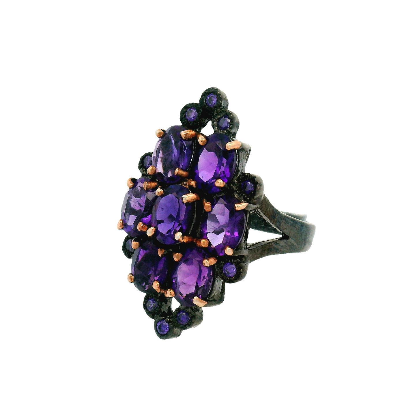 Oxidized Silver Multi-Stone Amethyst Floral Cocktail Ring