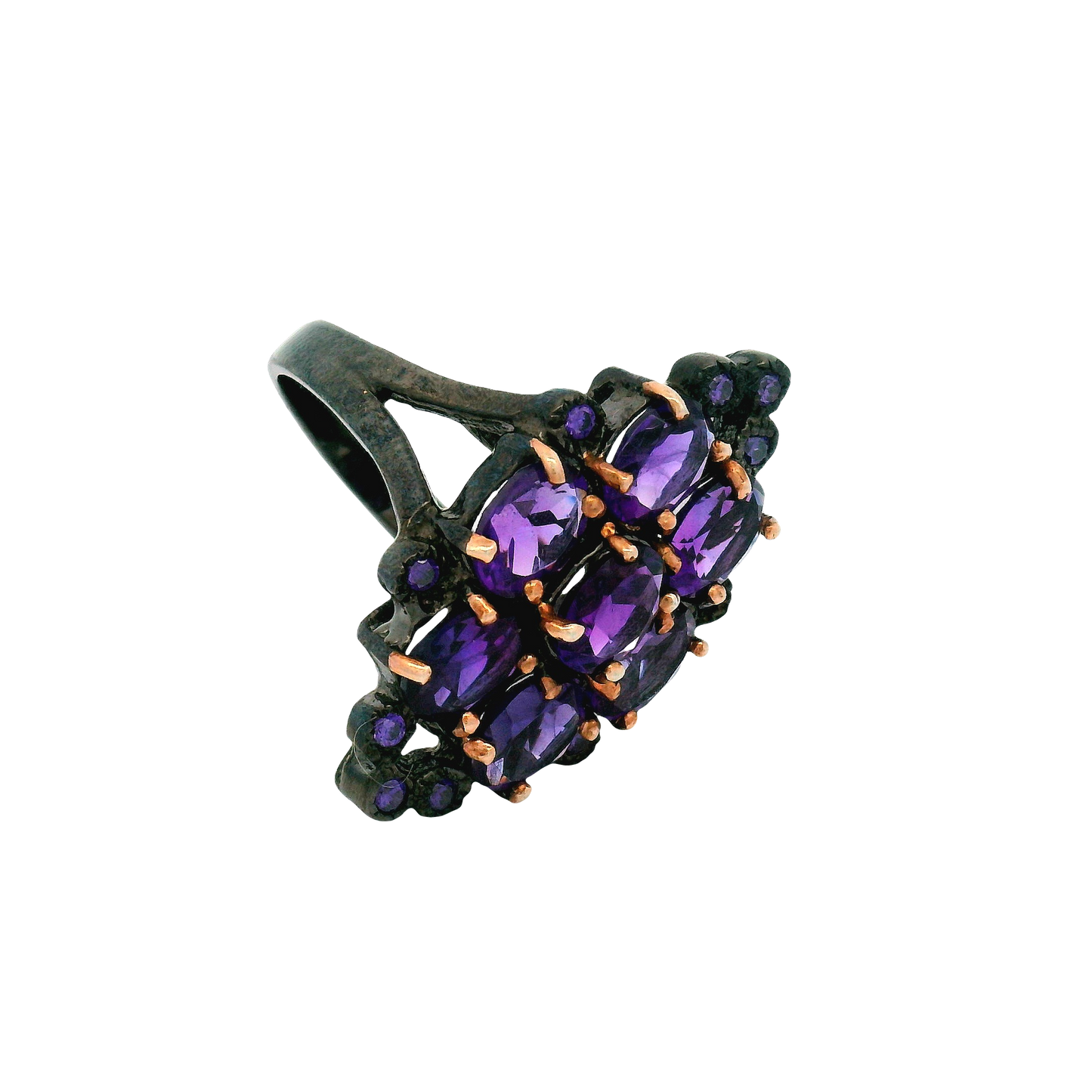 Oxidized Silver Multi-Stone Amethyst Floral Cocktail Ring
