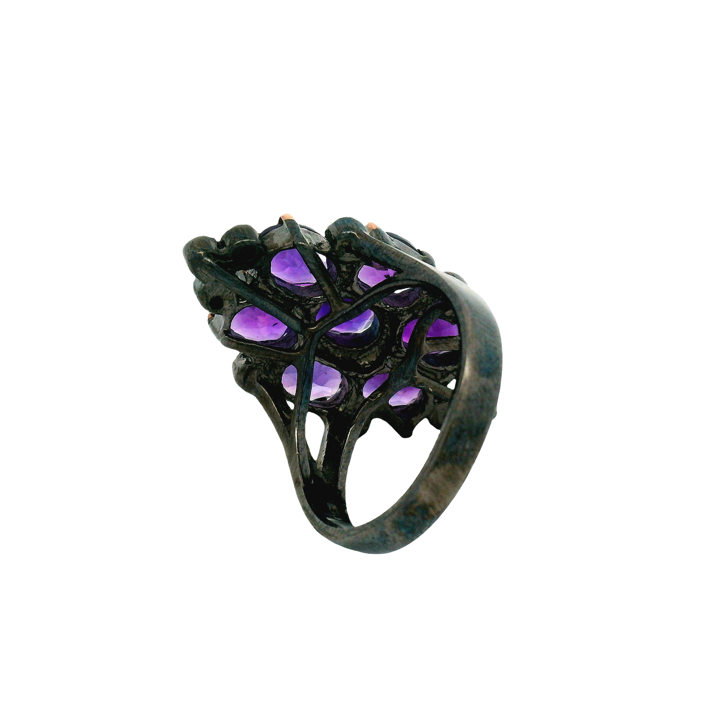 Oxidized Silver Multi-Stone Amethyst Floral Cocktail Ring