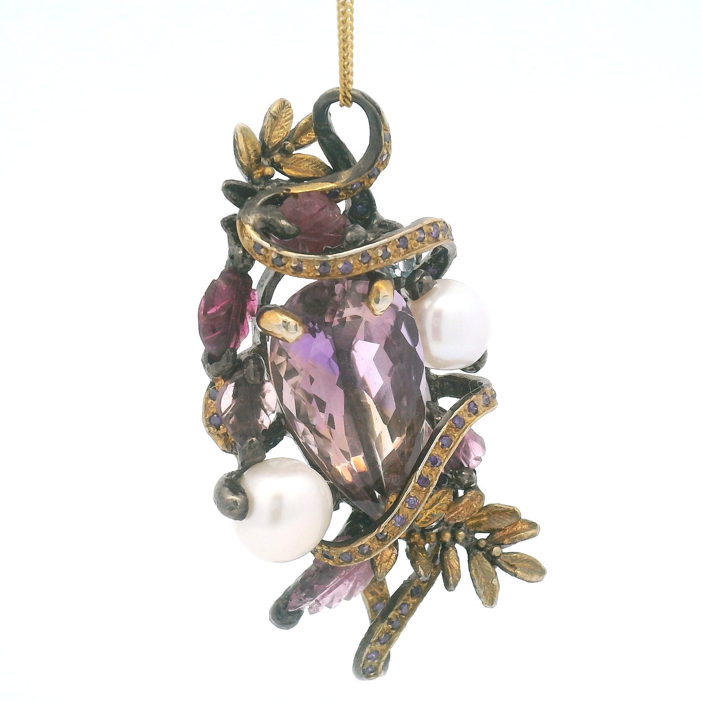 Antique Style Ametrine Pearl Pendant with Blue Topaz Cubic Zirconia Foliage