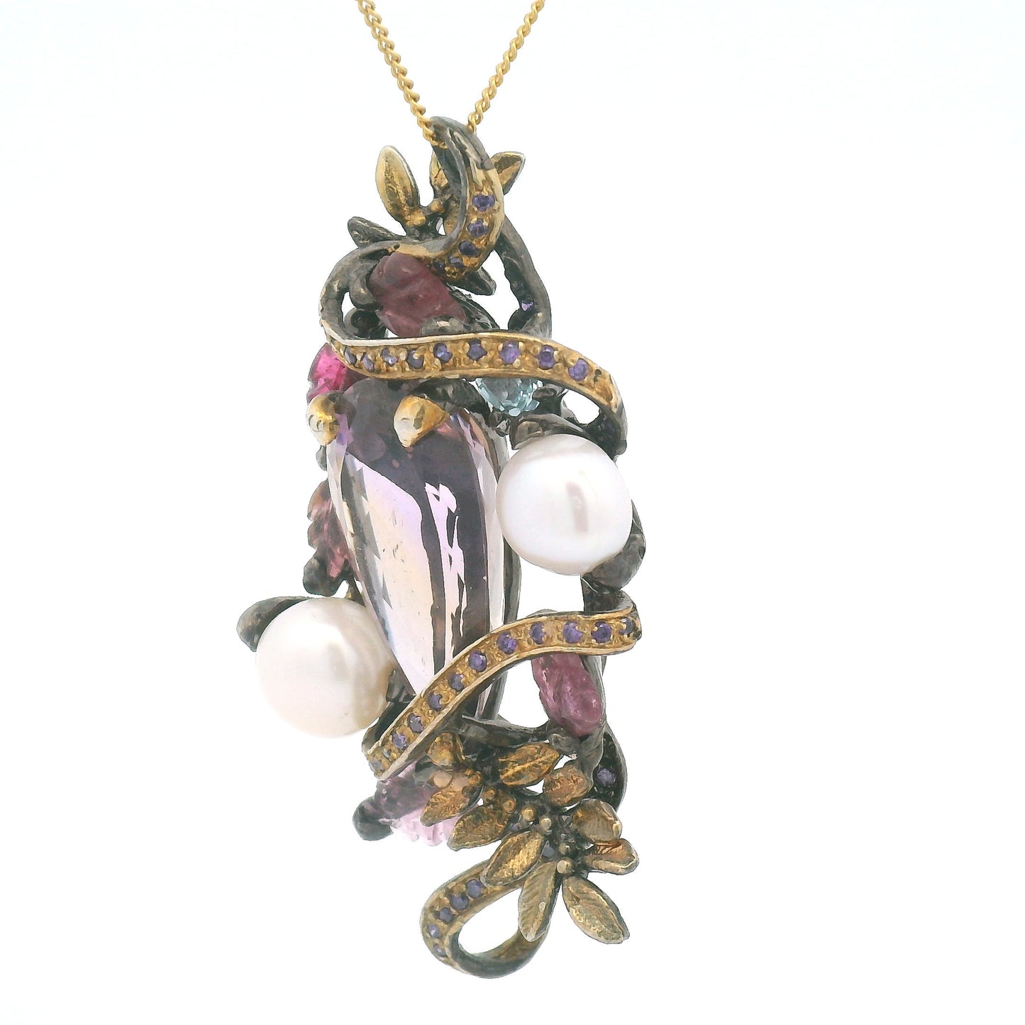 Antique Style Ametrine Pearl Pendant with Blue Topaz Cubic Zirconia Foliage