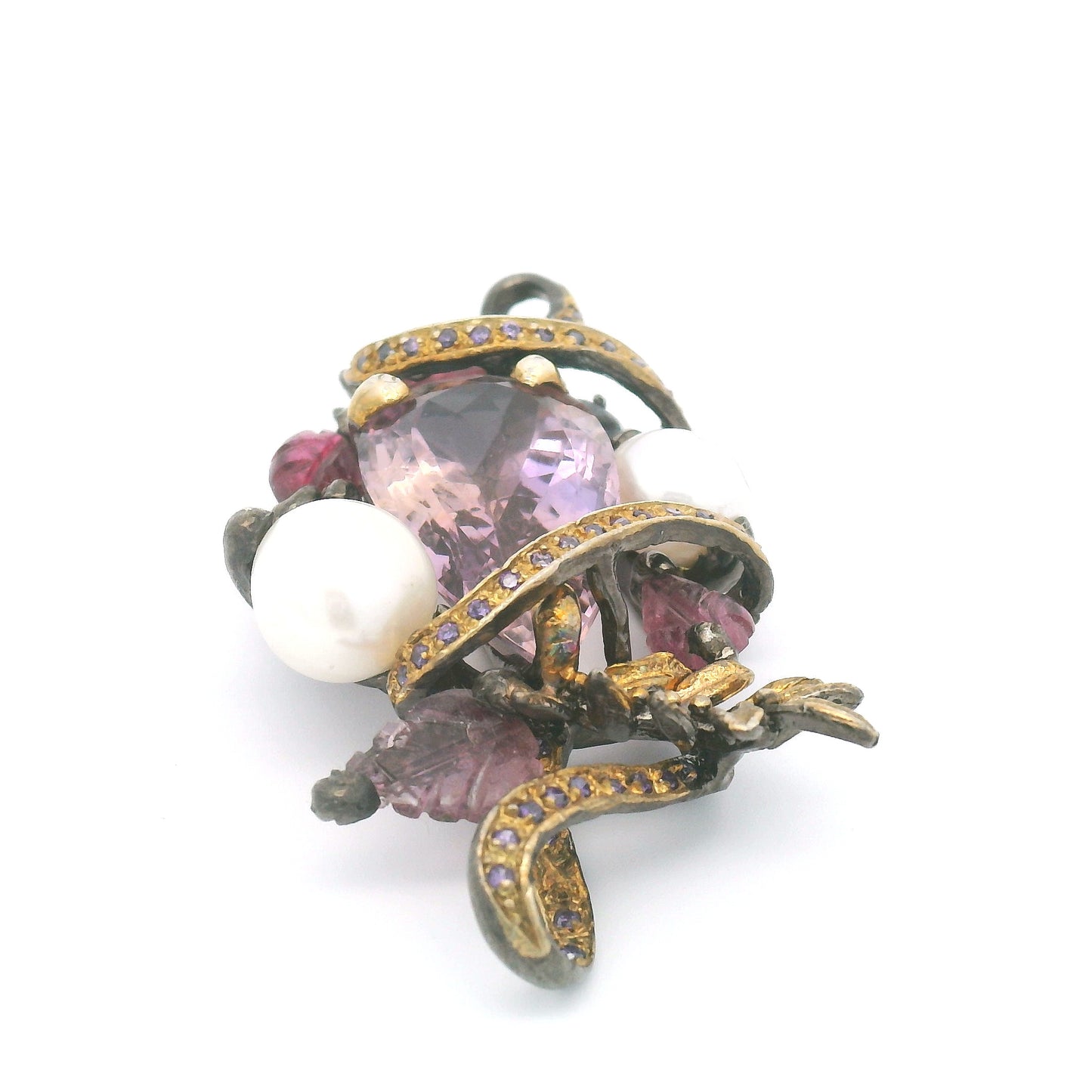 Antique Style Ametrine Pearl Pendant with Blue Topaz Cubic Zirconia Foliage