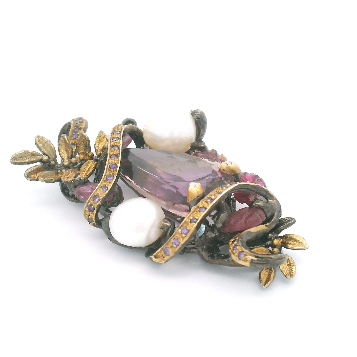 Antique Style Ametrine Pearl Pendant with Blue Topaz Cubic Zirconia Foliage