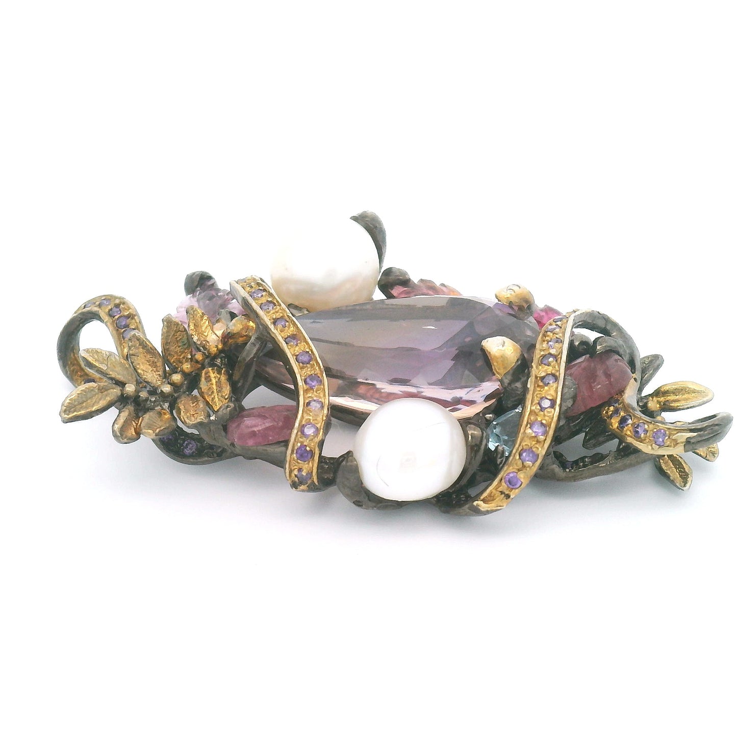 Antique Style Ametrine Pearl Pendant with Blue Topaz Cubic Zirconia Foliage