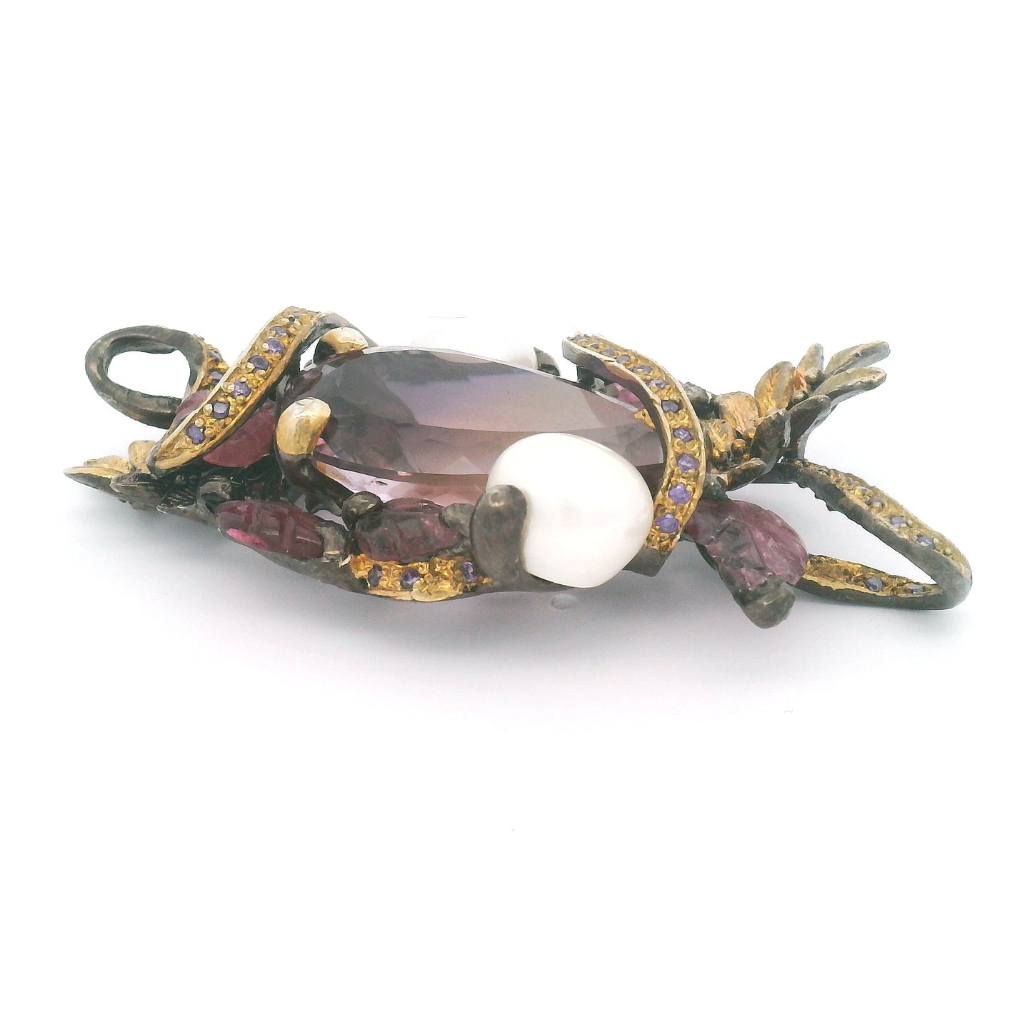 Antique Style Ametrine Pearl Pendant with Blue Topaz Cubic Zirconia Foliage