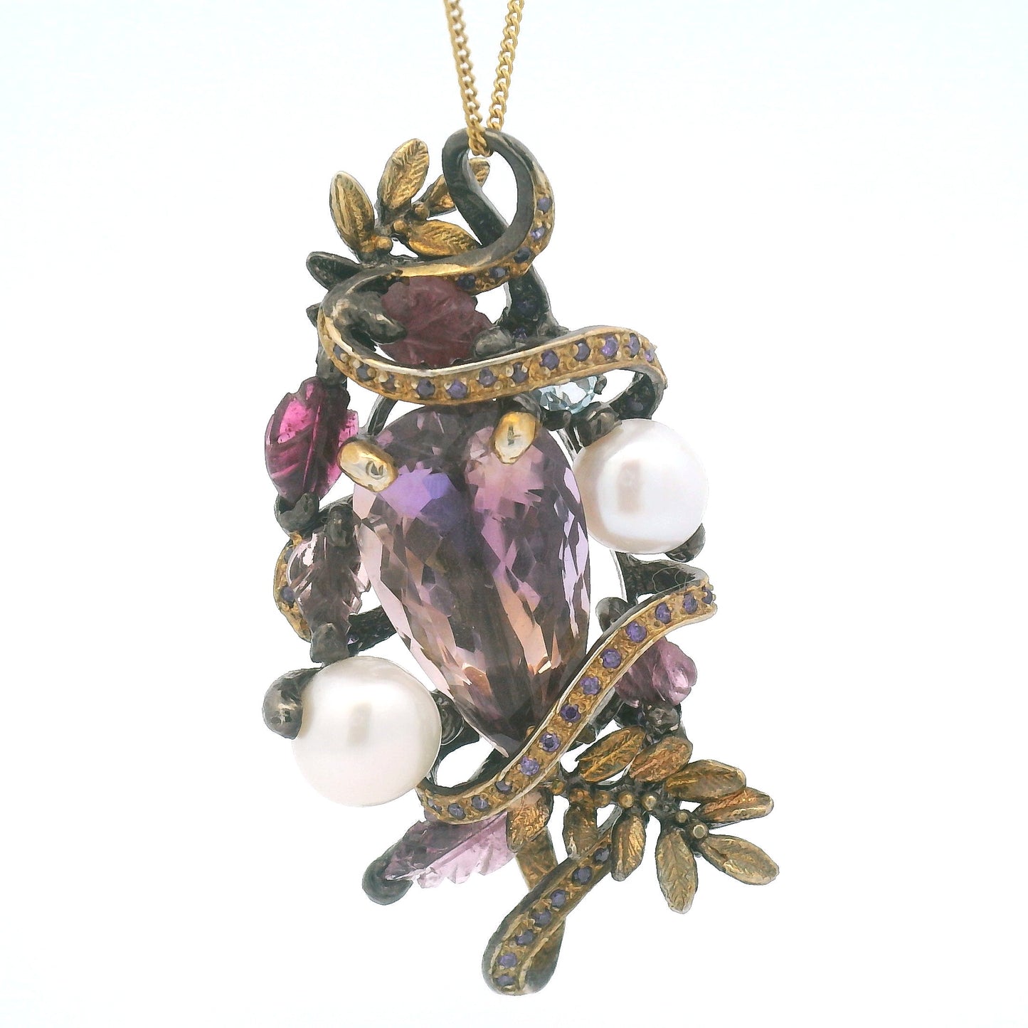 Antique Style Ametrine Pearl Pendant with Blue Topaz Cubic Zirconia Foliage