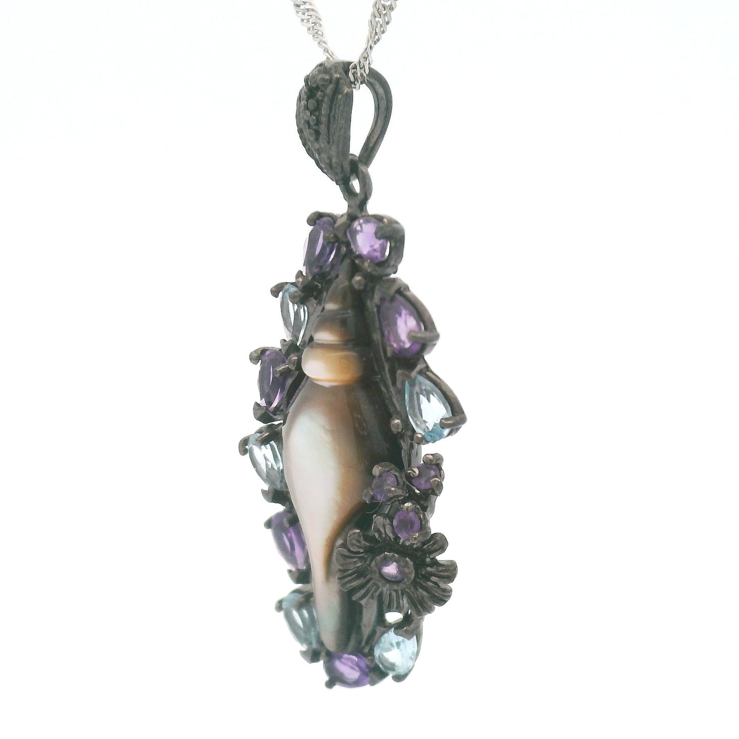 Mother of Pearl Seashell Pendant with Amethyst and Blue Topaz