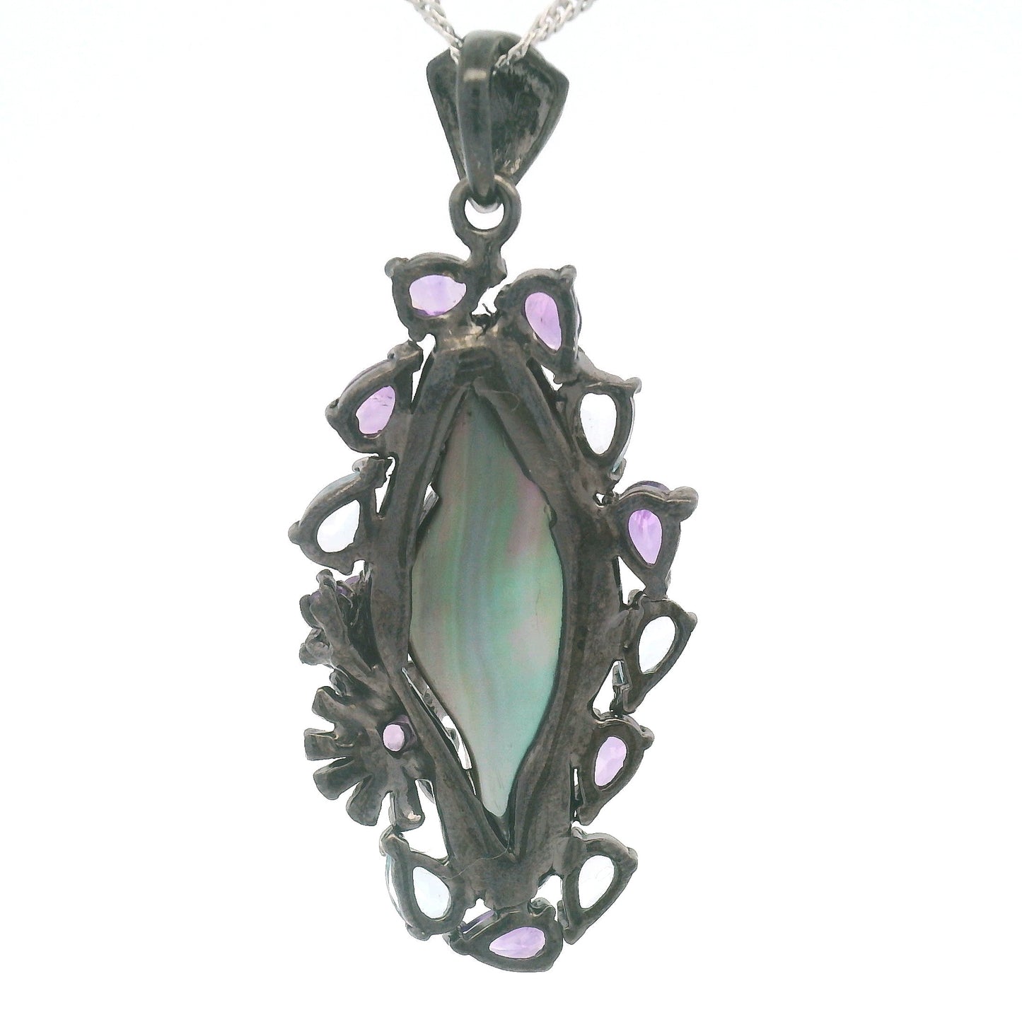 Mother of Pearl Seashell Pendant with Amethyst and Blue Topaz