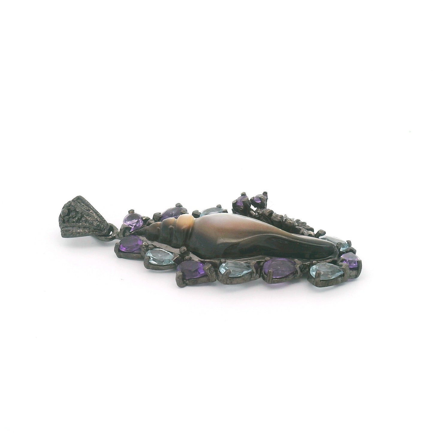 Mother of Pearl Seashell Pendant with Amethyst and Blue Topaz