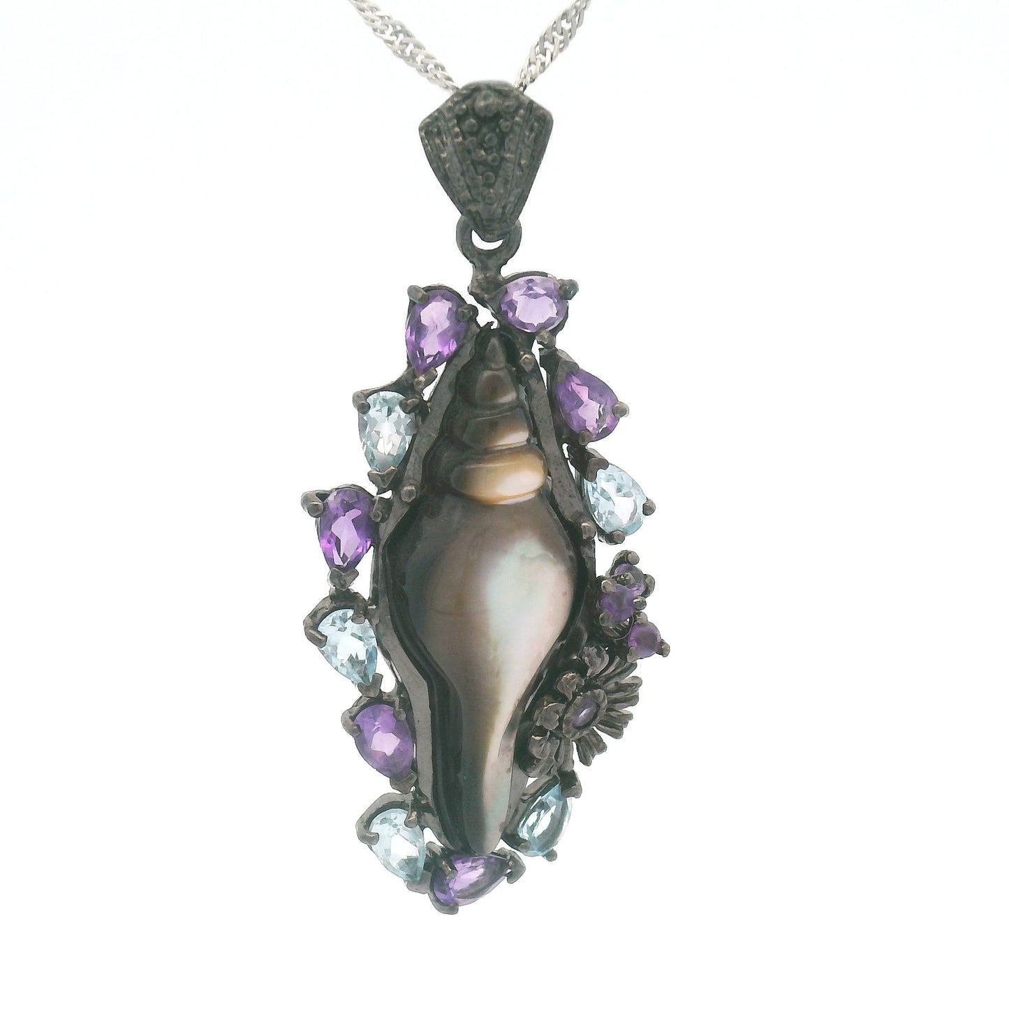 Mother of Pearl Seashell Pendant with Amethyst and Blue Topaz