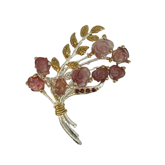 Sterling Silver and Pink Tourmaline Rose Bouquet Brooch