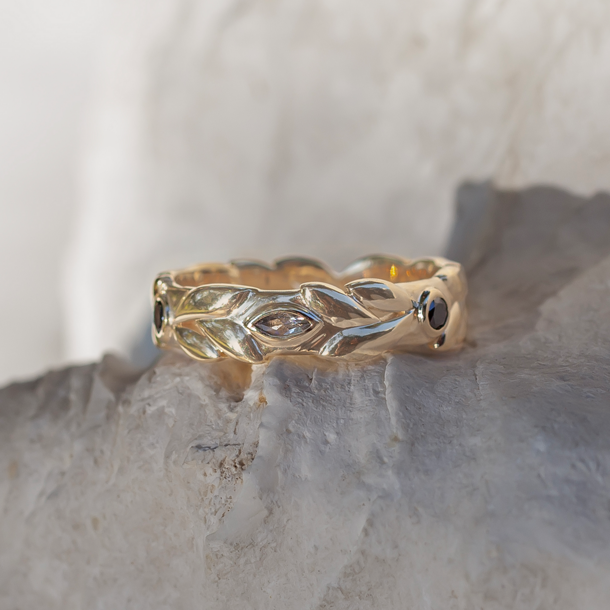 14k Yellow Leaf Band with 0.125cts Salt & Pepper and Black Diamonds