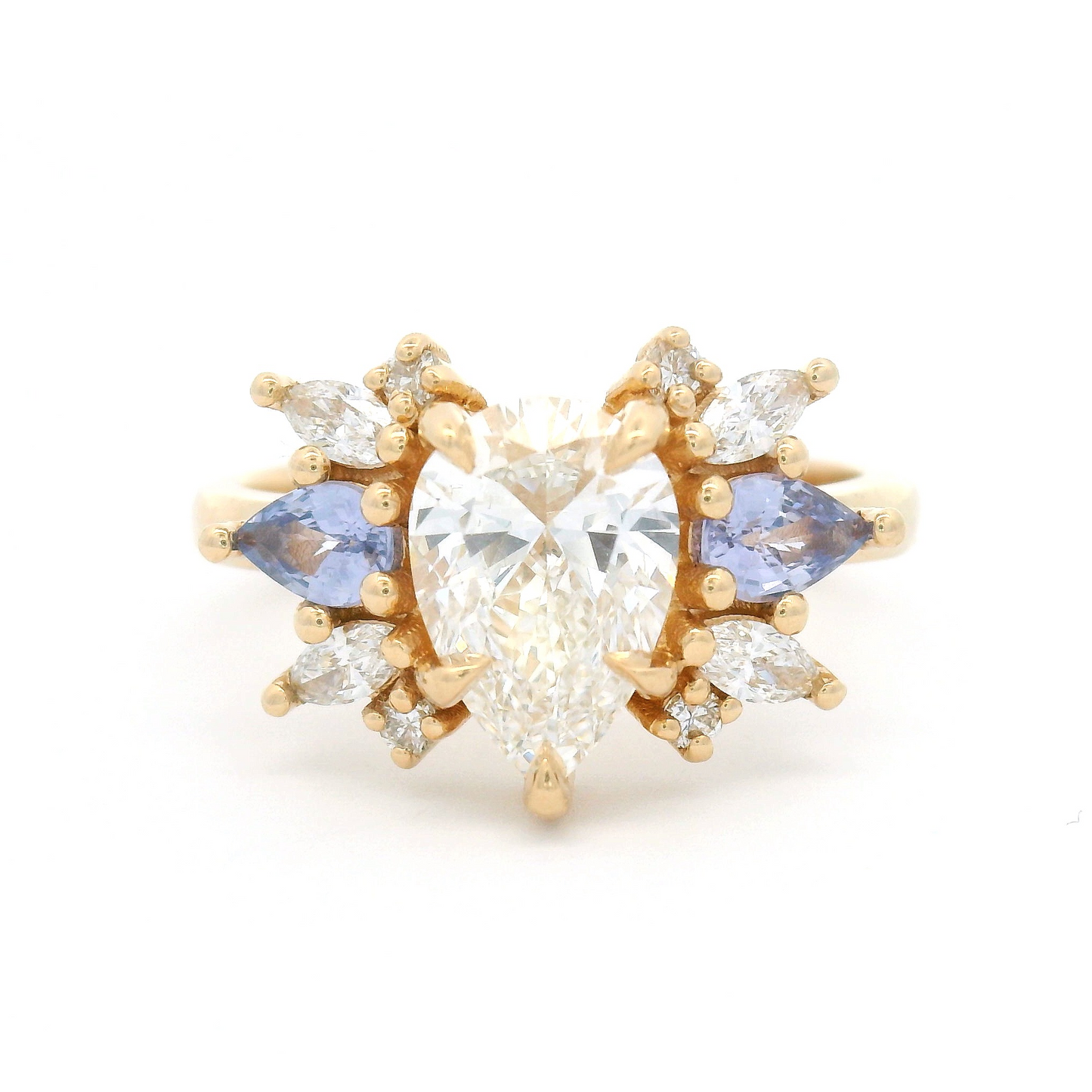 14k Yellow Multi-Stone Engagement Ring with 1.21ct Lab-Grown Pear-Cut Diamond, Accented with Natural Sapphires and Lab Diamonds 