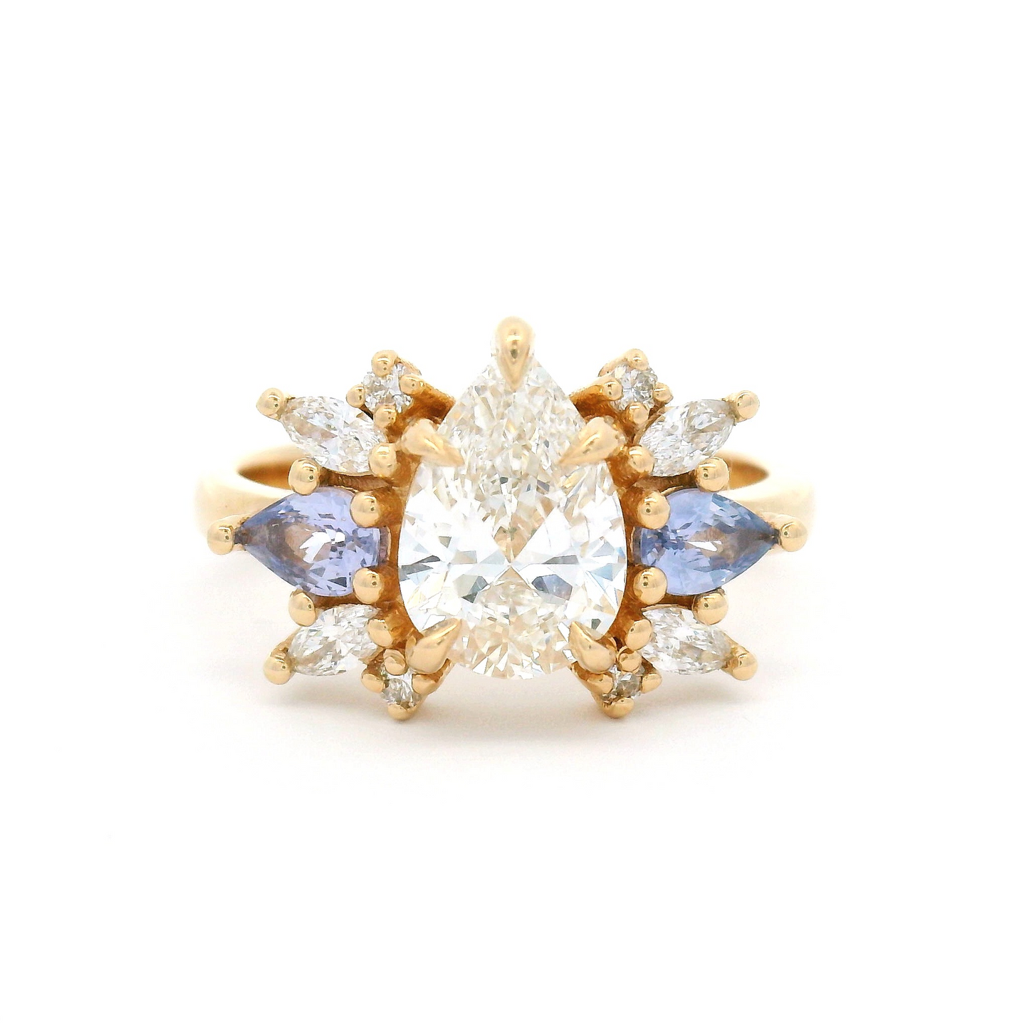 14k Yellow Multi-Stone Engagement Ring with 1.21ct Lab-Grown Pear-Cut Diamond, Accented with Natural Sapphires and Lab Diamonds
