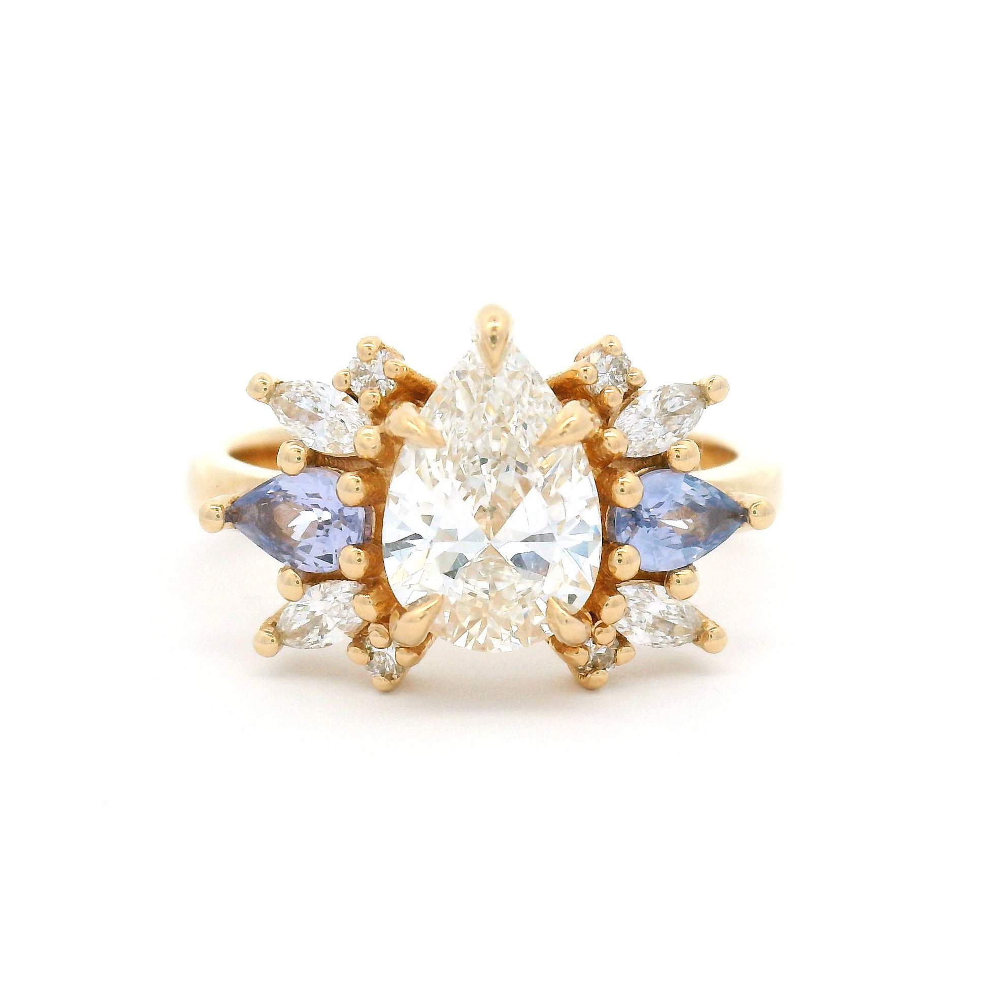 14k Yellow Multi-Stone Engagement Ring with 1.21ct Lab-Grown Pear-Cut Diamond, Accented with Natural Sapphires and Lab Diamonds