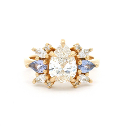 14k Yellow Multi-Stone Engagement Ring with 1.21ct Lab-Grown Pear-Cut Diamond, Accented with Natural Sapphires and Lab Diamonds