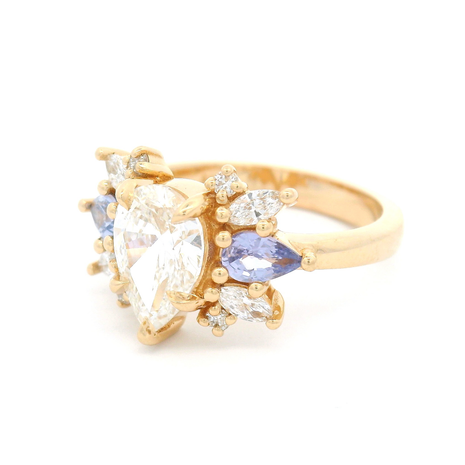 14k Yellow Multi-Stone Engagement Ring with 1.21ct Lab-Grown Pear-Cut Diamond, Accented with Natural Sapphires and Lab Diamonds 