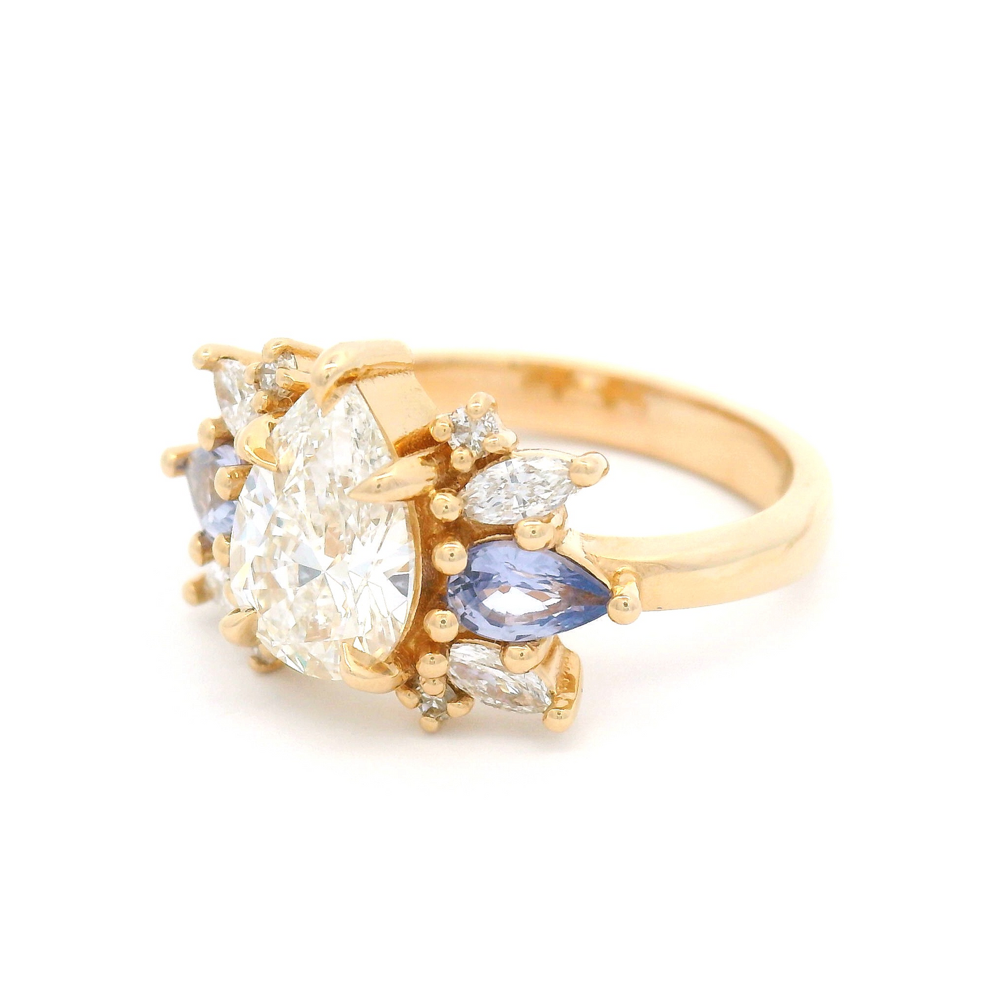 14k Yellow Multi-Stone Engagement Ring with 1.21ct Lab-Grown Pear-Cut Diamond, Accented with Natural Sapphires and Lab Diamonds