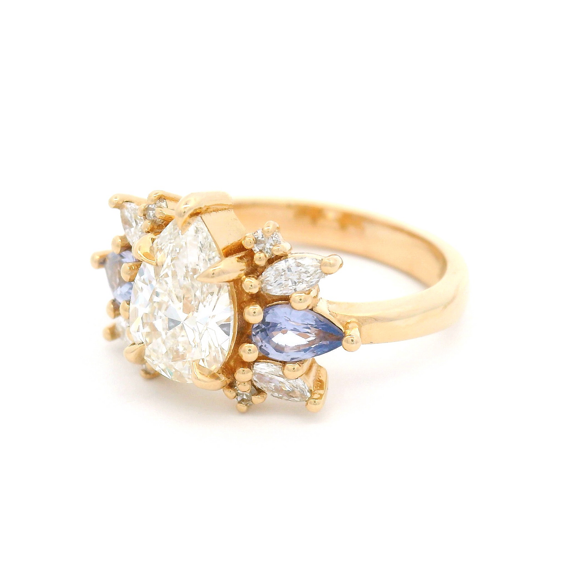 14k Yellow Multi-Stone Engagement Ring with 1.21ct Lab-Grown Pear-Cut Diamond, Accented with Natural Sapphires and Lab Diamonds