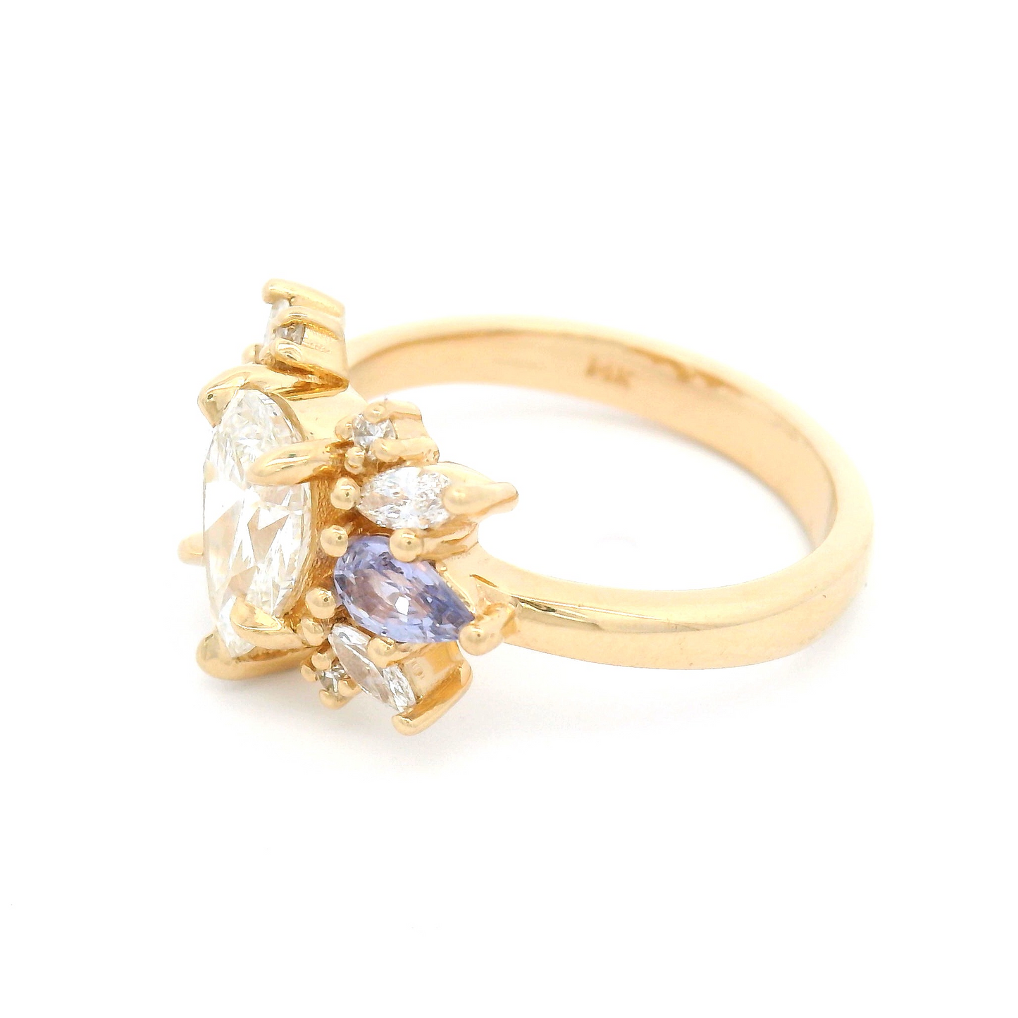 14k Yellow Multi-Stone Engagement Ring with 1.21ct Lab-Grown Pear-Cut Diamond, Accented with Natural Sapphires and Lab Diamonds 