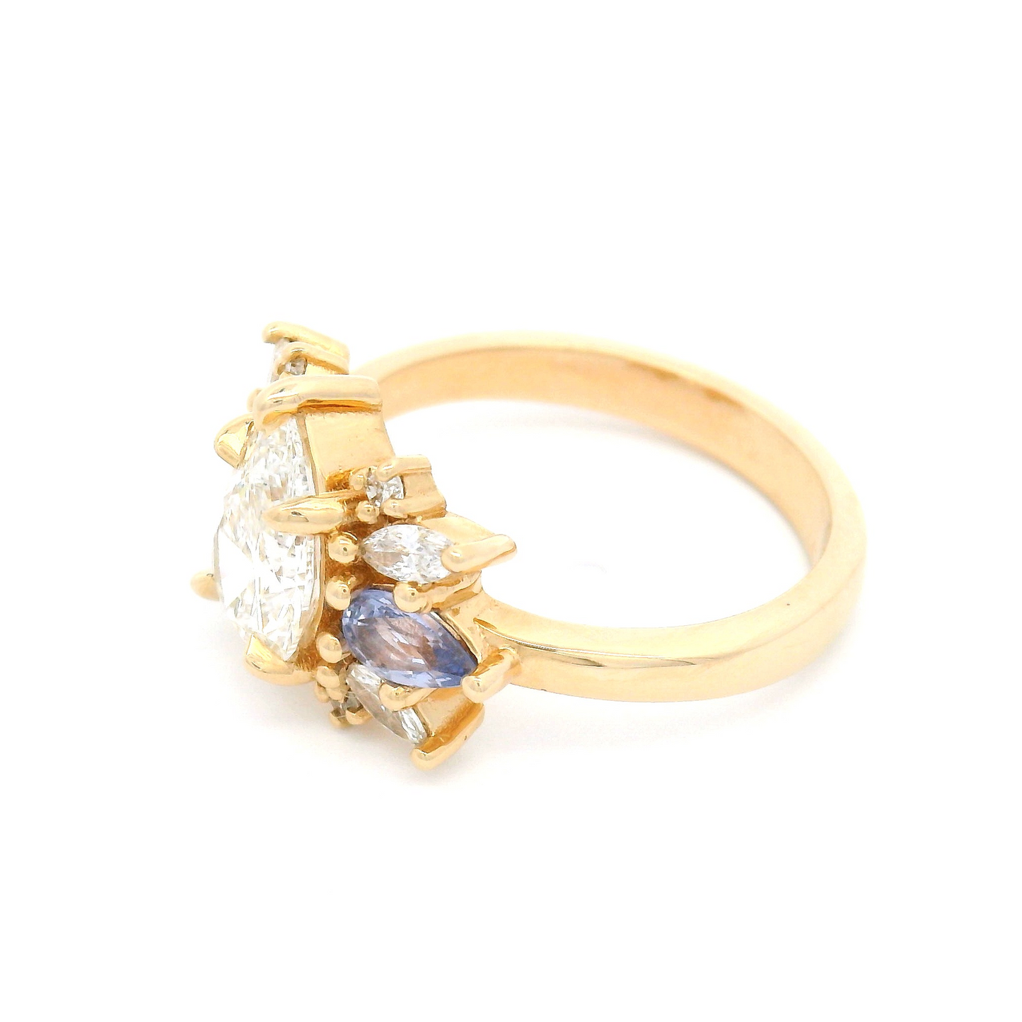 14k Yellow Multi-Stone Engagement Ring with 1.21ct Lab-Grown Pear-Cut Diamond, Accented with Natural Sapphires and Lab Diamonds
