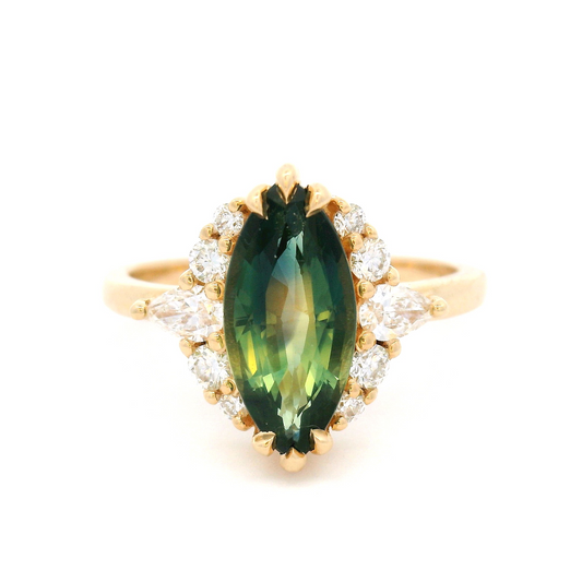 14k Yellow Ring with 2.3ct Green Parti Sapphire Ring with Accent Lab-Grown Diamonds