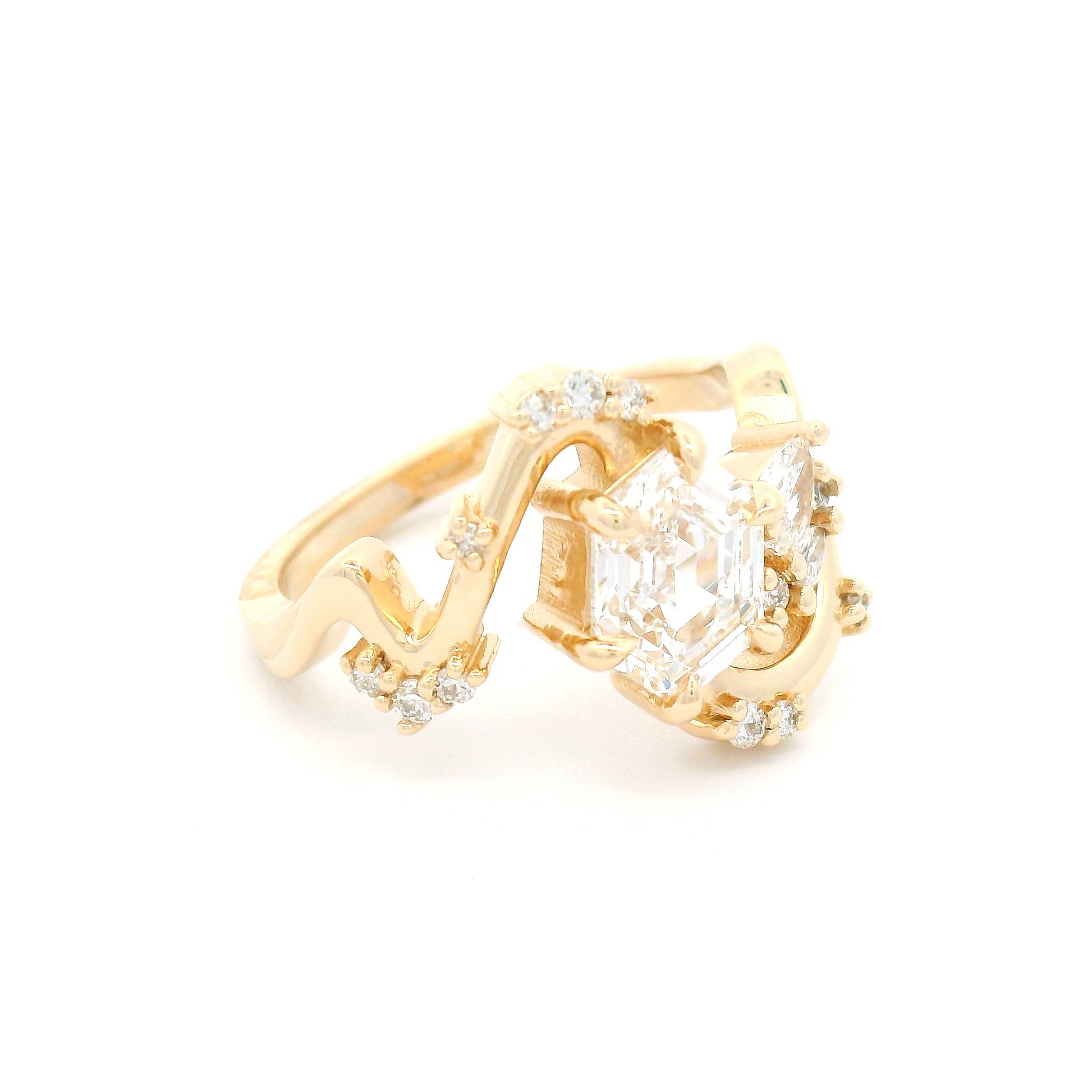 14k Yellow Multi Stone Engagement Ring with 1.16ct Hexagonal Lab Grown Diamond and Accent Lab Diamonds