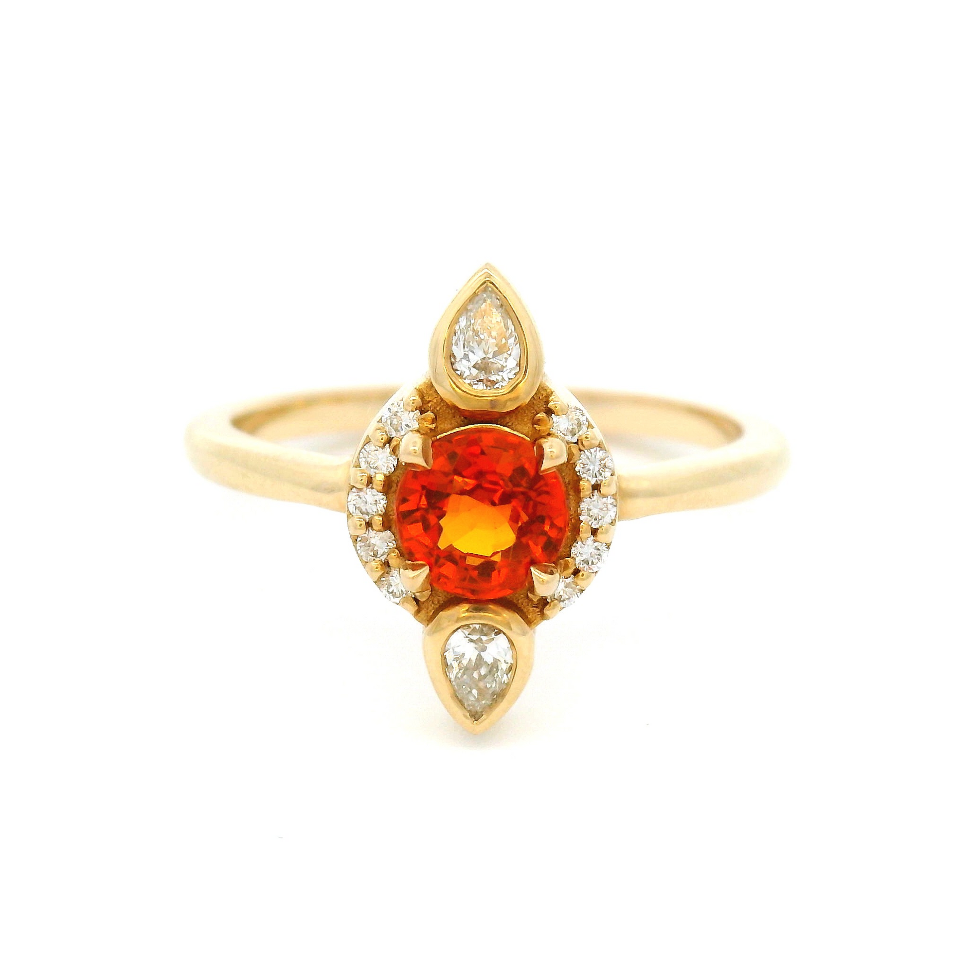 14k Yellow Engagement Ring with 0.65ct Orange Sapphire Halo and Accent Diamonds
