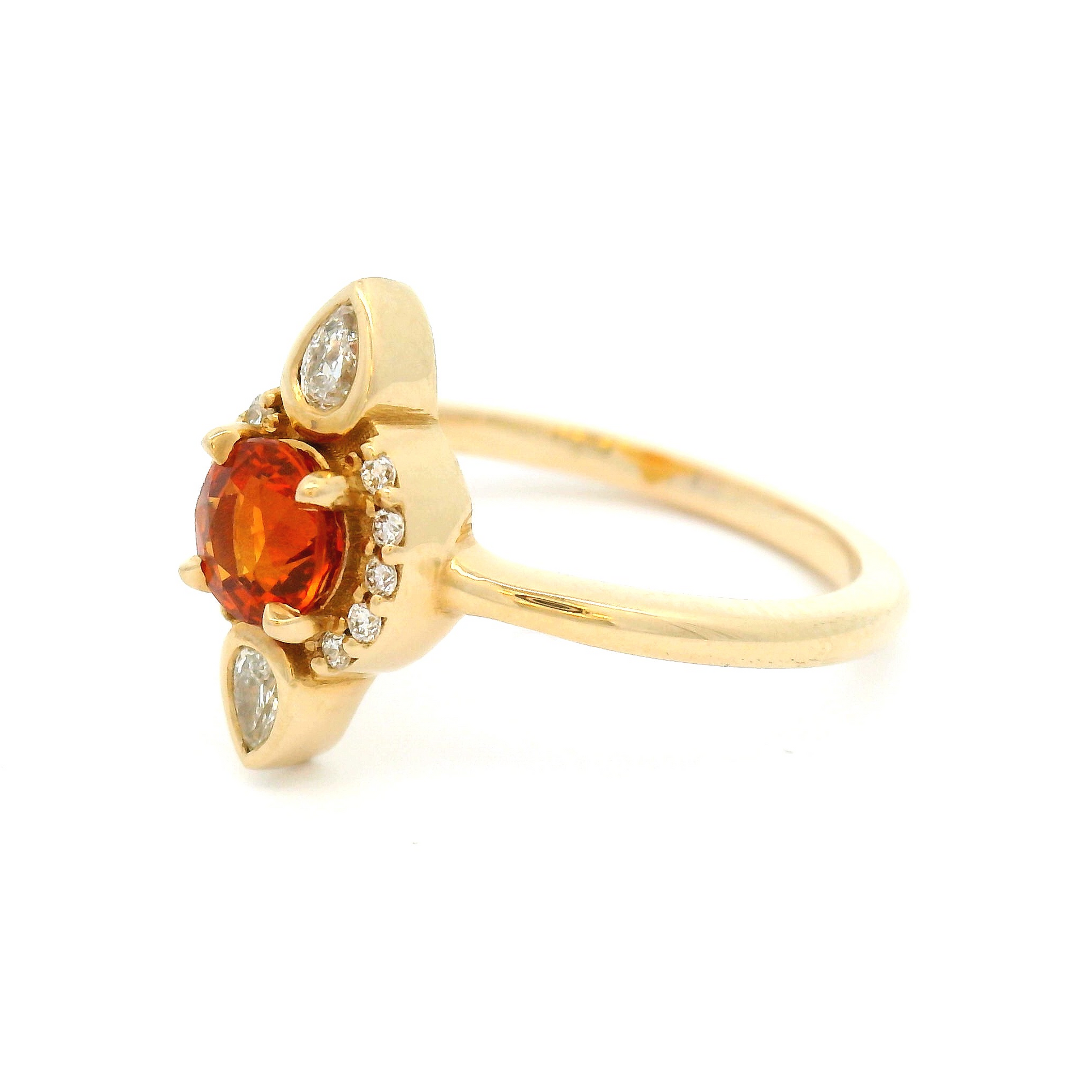 14k Yellow Engagement Ring with 0.65ct Orange Sapphire Halo and Accent Diamonds