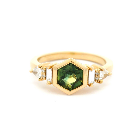 14k Yellow Engagement Ring with 0.88ct Green Sapphire Hexagon and Lab-Grown Accent Diamonds