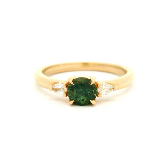 14k Yellow Teal-Green Sapphire Ring with Pear Lab-Grown Accent Diamonds