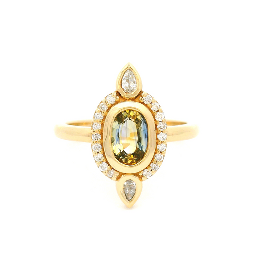 14k Yellow Engagement Ring with Oval Parti Sapphire and Lab-Grown Accent Diamonds