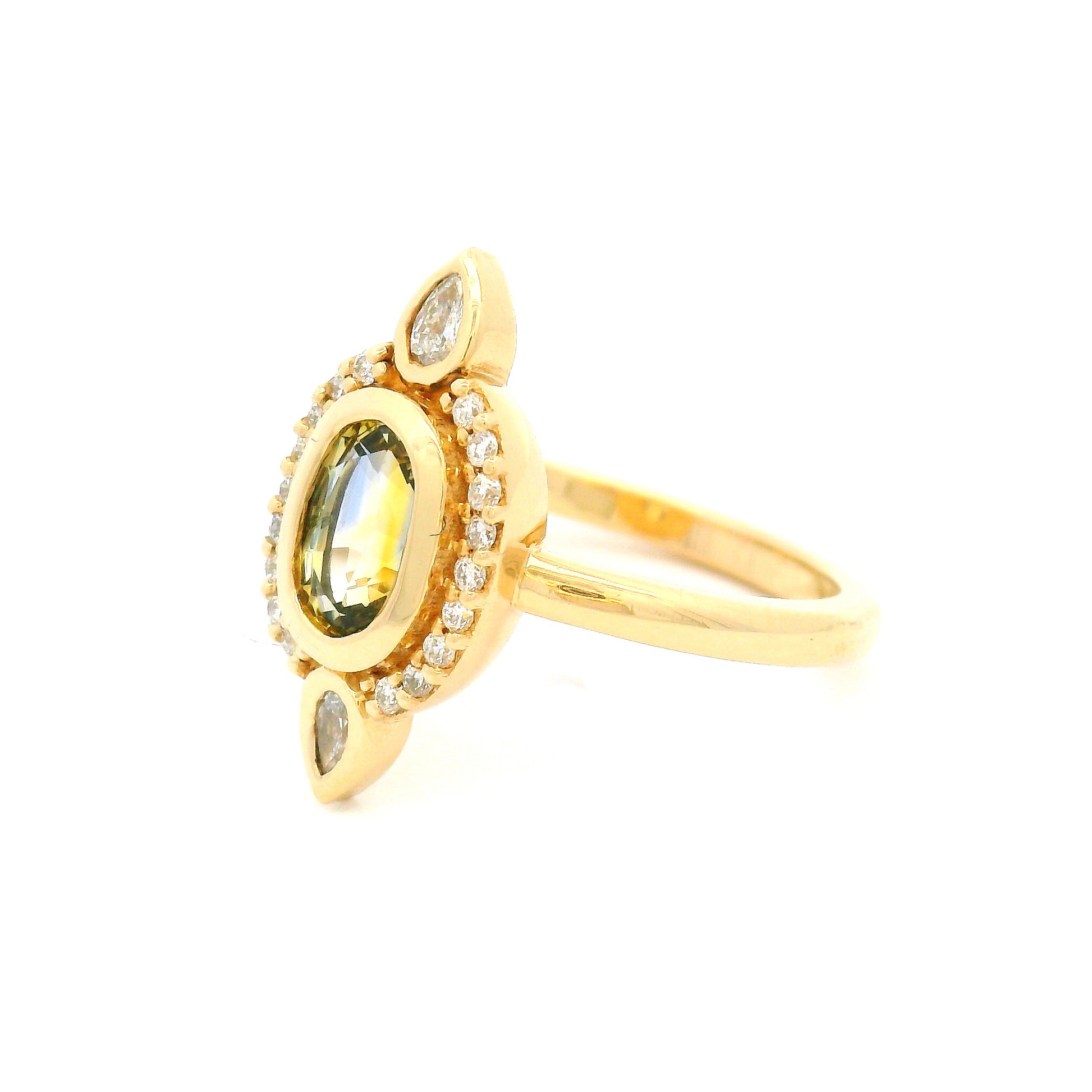 14k Yellow Engagement Ring with Oval Parti Sapphire and Lab-Grown Accent Diamonds