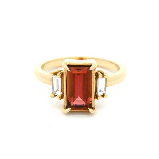 10k Yellow Ring with Bordeaux Tourmaline and Lab-Grown Baguette Diamond Accents