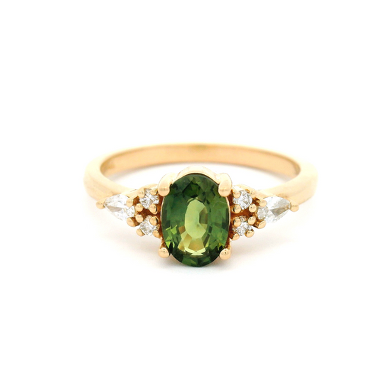 14k Yellow Ring with 0.85ct Green Sapphire Ring with Accent Diamonds