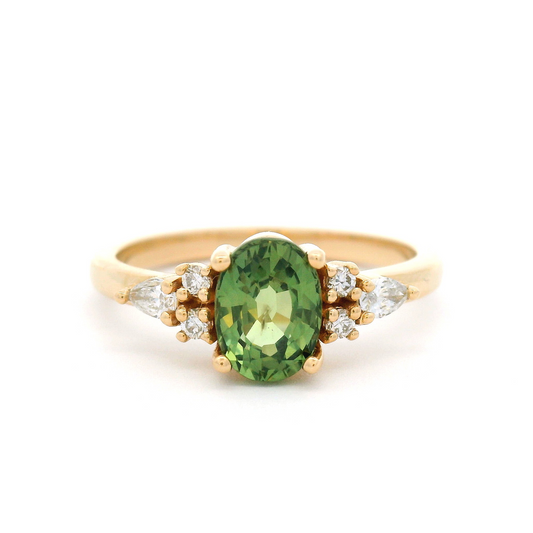 14k Yellow Ring with 1.06ct Green Sapphire Ring with Accent Diamonds