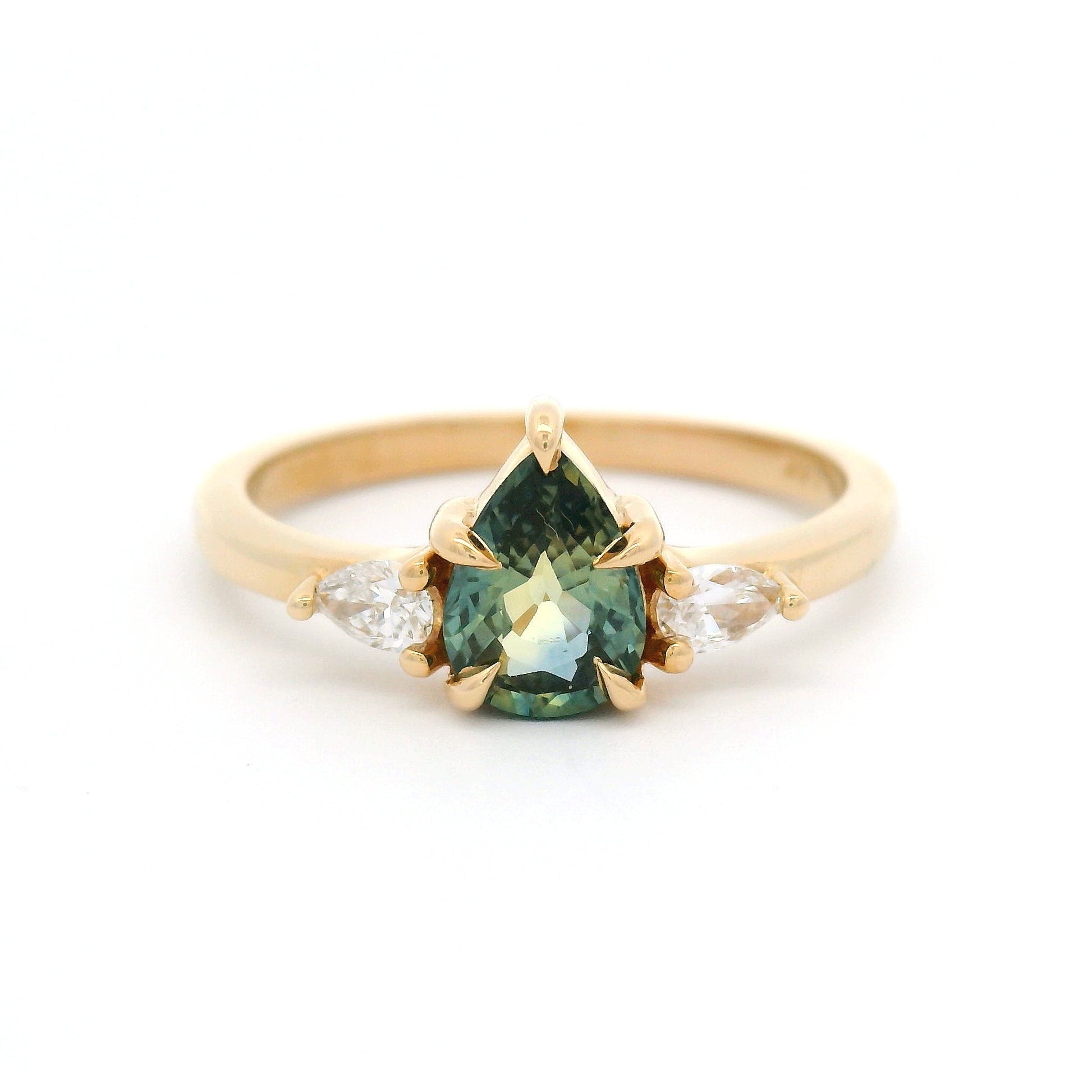 14k Yellow 3-Stone Ring with Natural 0.80ct Teal Sapphire and Lab-Grown Diamonds
