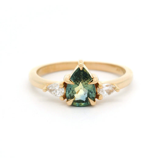 14k Yellow 3-Stone Ring with Natural 0.80ct Teal Sapphire and Lab-Grown Diamonds