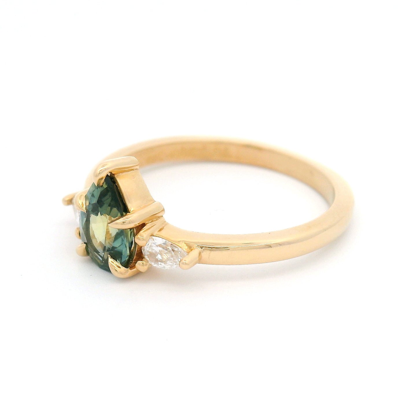 14k Yellow 3-Stone Ring with Natural 0.80ct Teal Sapphire and Lab-Grown Diamonds