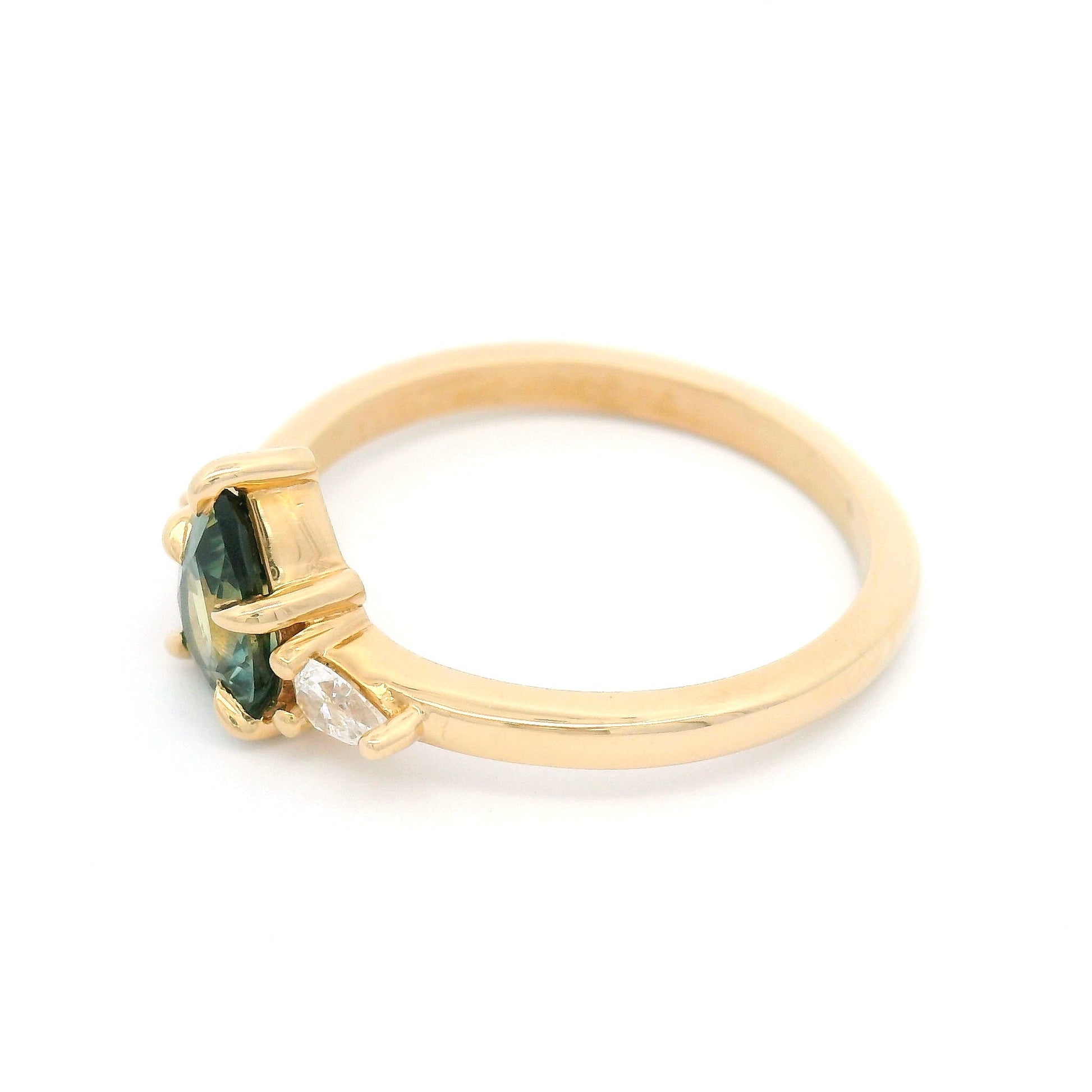 14k Yellow 3-Stone Ring with Natural 0.80ct Teal Sapphire and Lab-Grown Diamonds