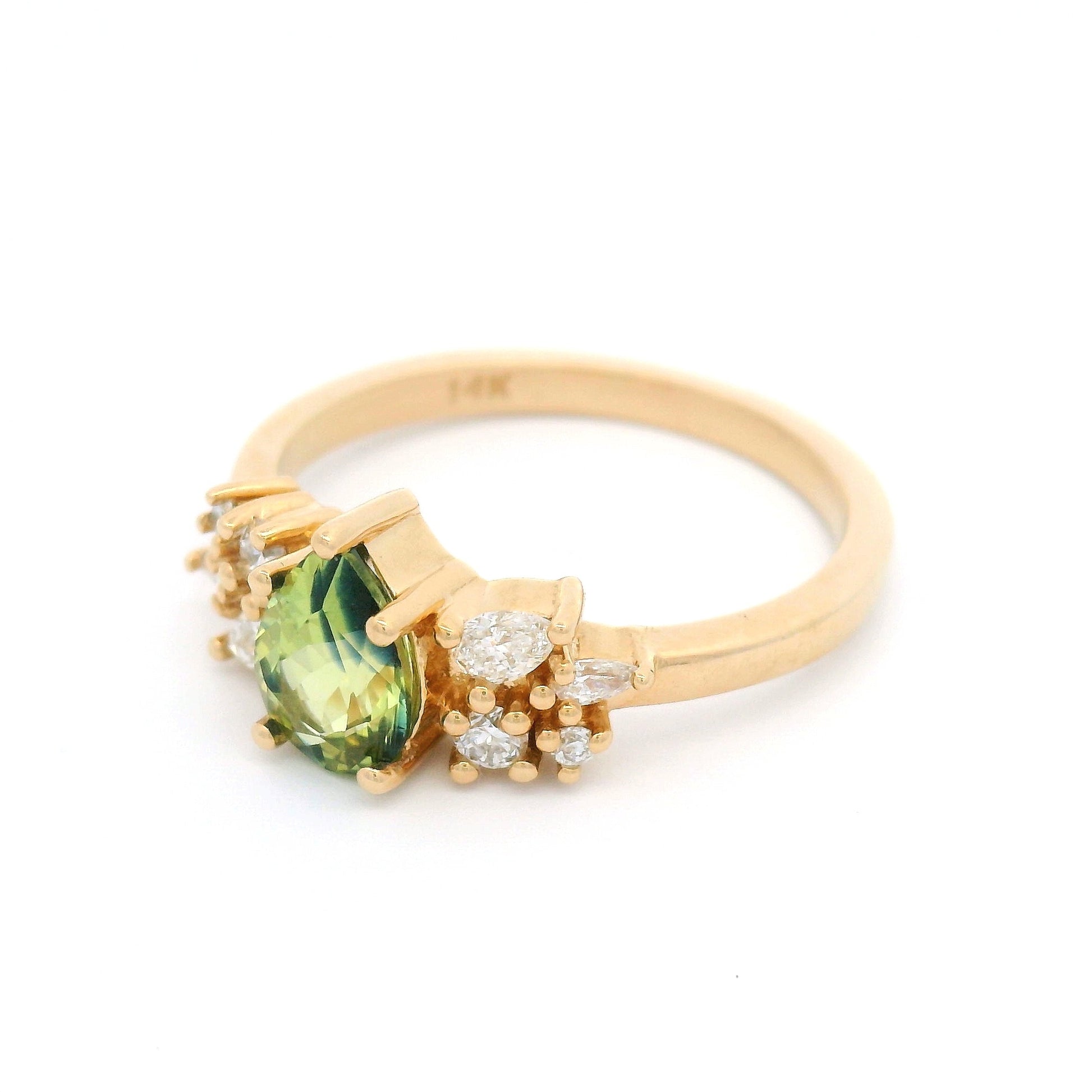 14k Yellow Ring with Natural 0.92ct Blue-Green Sapphire and Accent Lab-Grown Diamonds