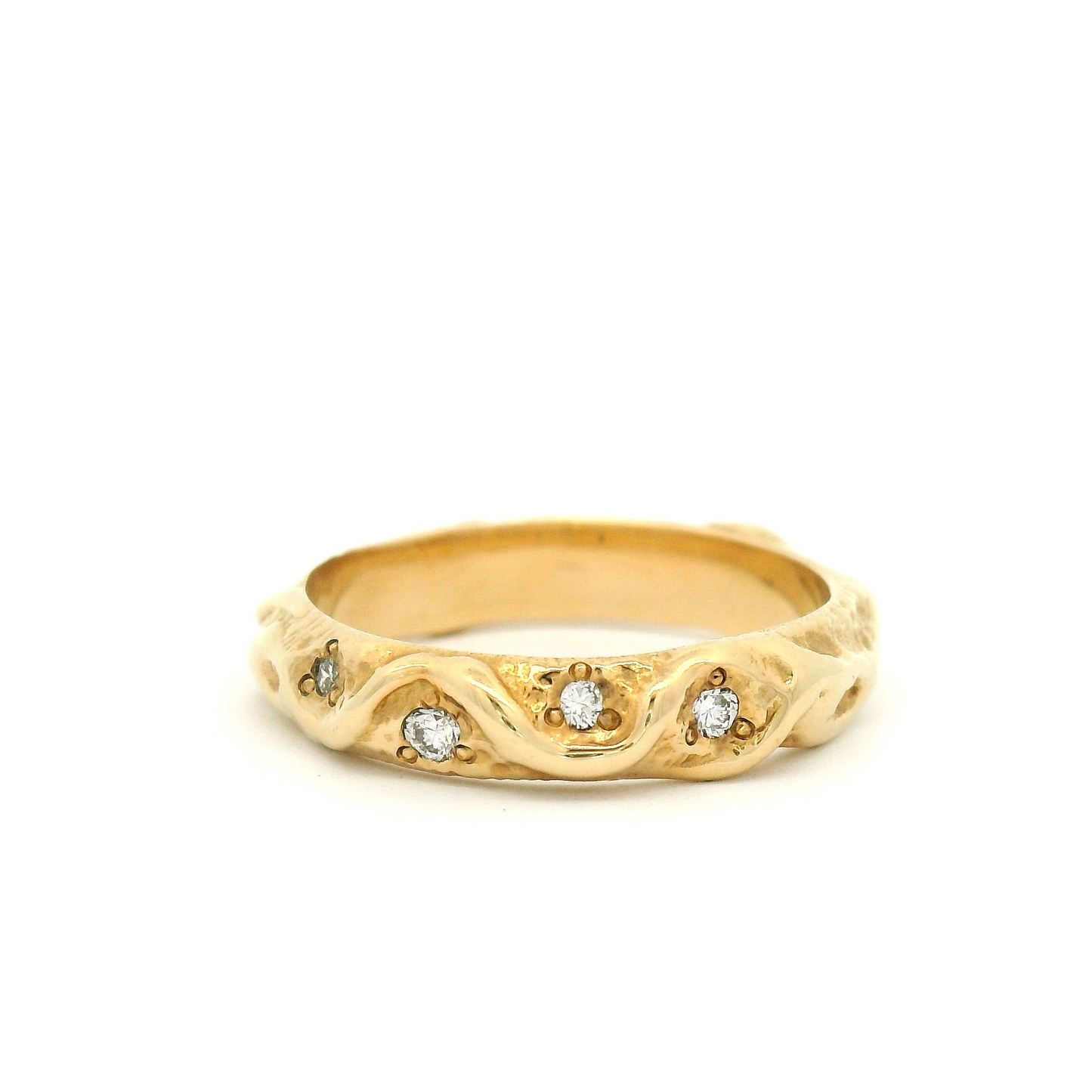 10k Yellow Textured Wedding Band with Accent Diamonds