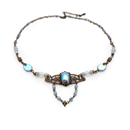 Pale Blue & Brass Antique Fairy Necklace