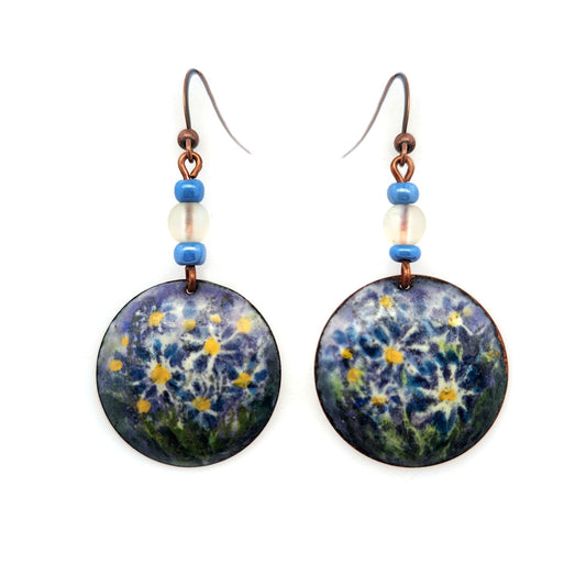 Hand Painted Blue Floral Earrings