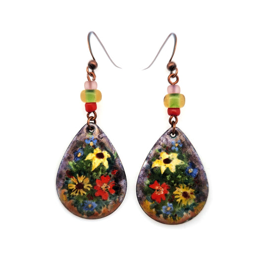 Hand Painted Teardrop Floral Earrings