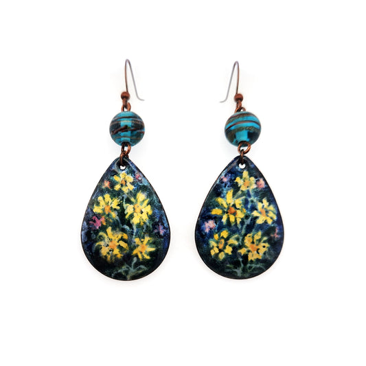 Hand Painted Teardrop Blue & Yellow Floral Earrings