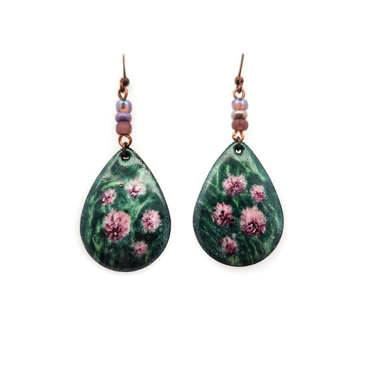 Hand Painted Teardrop Green & Purple Floral Earrings