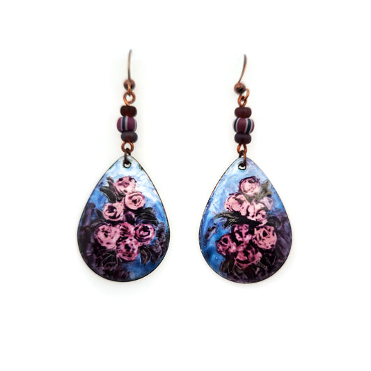 Hand Painted Teardrop Blue & Purple Floral Earrings